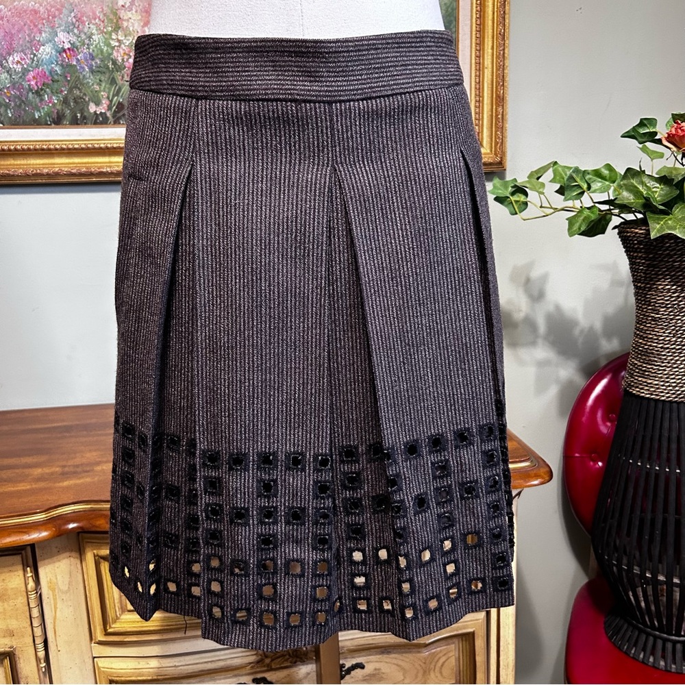 BCBGMaxAzria Brown Wool Mix Pleated Square Cutout Pinstripe Front Pocket Skirt